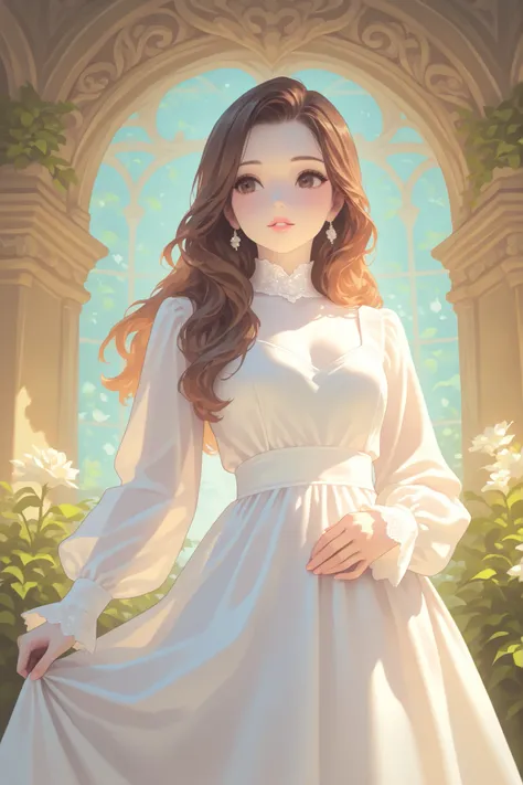 Girl, long brown hair, brown eyes, calm features, white skin, light pink lips, beautiful, perfect, elegant, wearing a dress with sleeves, bright and clear colors, high quality resolution.