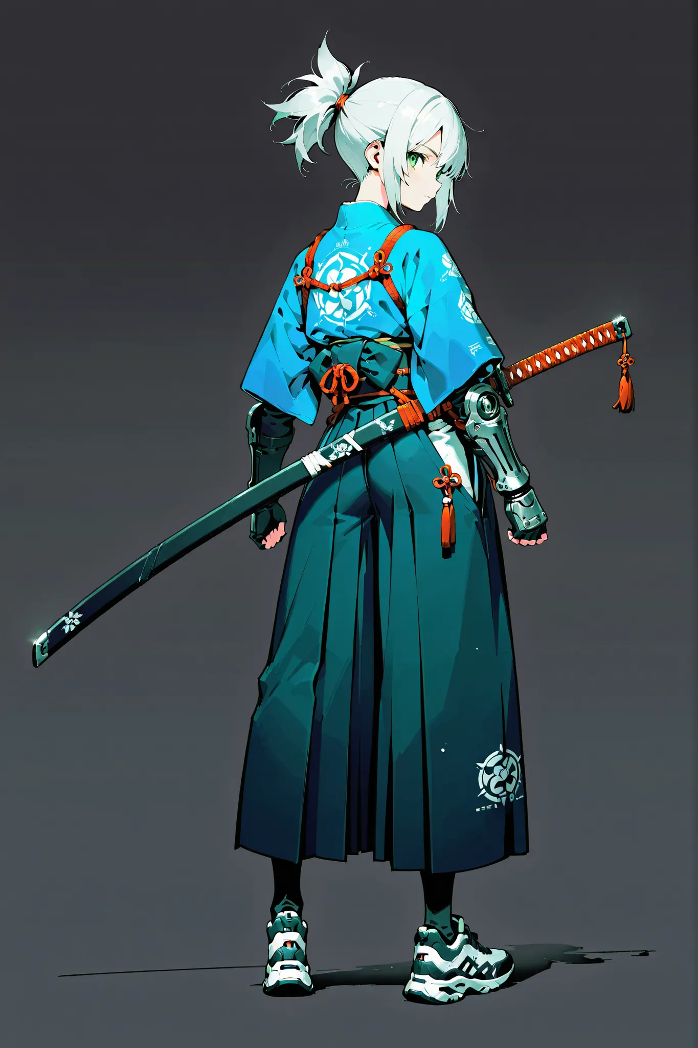 character settings、Multiple perspectives、front、Horizontal position、Back view、Japanese sword design、 design drawing、masterpiece, top quality, Very High Definition, high resolution, 1girl, full body、full body、monotone color、simple background、Famous Sword、Jap...