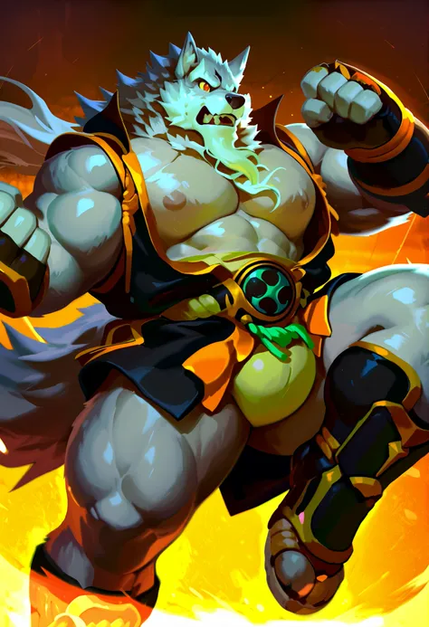 Law-sdorica,furry male,kung-hu style,Kick up the left leg,muscle,high resolution,hige quality,wolf tail,(old:1.5),grey fur,long goatee,claw,yellow sclera,orange eyes,black forehead emblem,muscular,big pecs,broad shoulders,thick thighs,(huge bulge:0.6),