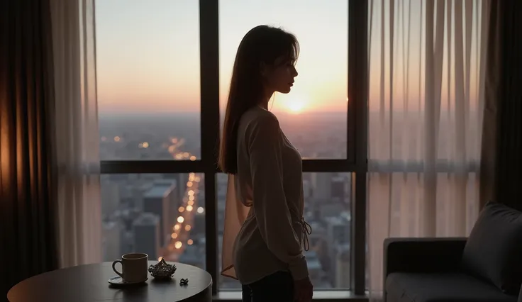 A semi-realistic cinematic portrait of a modern young woman standing alone by a large window in a dimly lit high-rise apartment at dusk. The city lights outside are beginning to flicker to life, but her figure is bathed in soft, natural light, casting long...