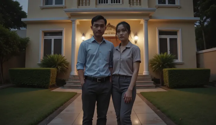 A young Indonesian couple — one man and one woman — standing together in the front yard of a luxurious house at night. Both are fully dressed: the man in a neat shirt and trousers, the woman in a modest blouse and skirt or pants. Their faces are marked by ...