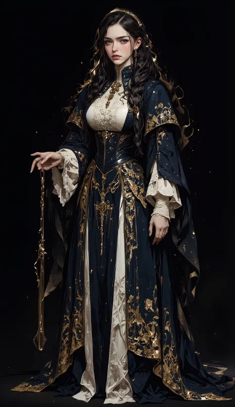 Middle Ages, 19th century, full length (4k, ultradetail , beautiful image, realism, 2.5D, soft lighting) 1 woman, ( black hair, direct, big long braid , long face, thin lips, serious gum, dark blue eyes, Bullish view , Beauty, elegance, brave, 23-year-o...