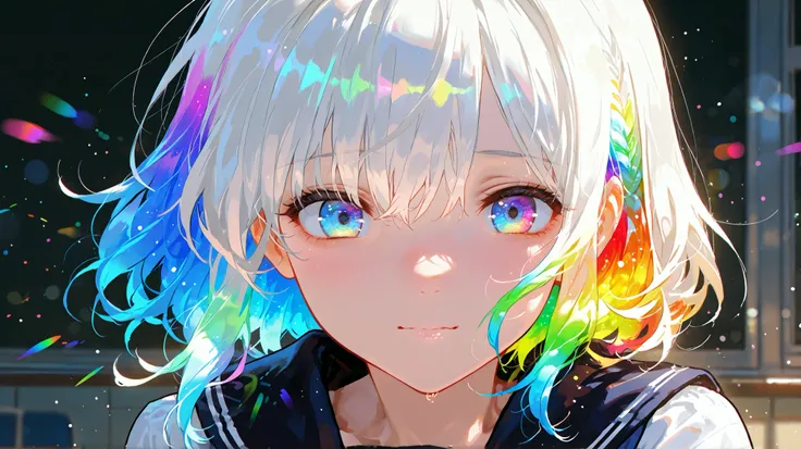 white hair, multicolor hair, school uniform, mid-close-up shot, looking over her shoulder as if someone called her name, expression mixed with longing and confusion, faint multicolored glow in her eyes reflecting emotion, floating particles shimmering in r...
