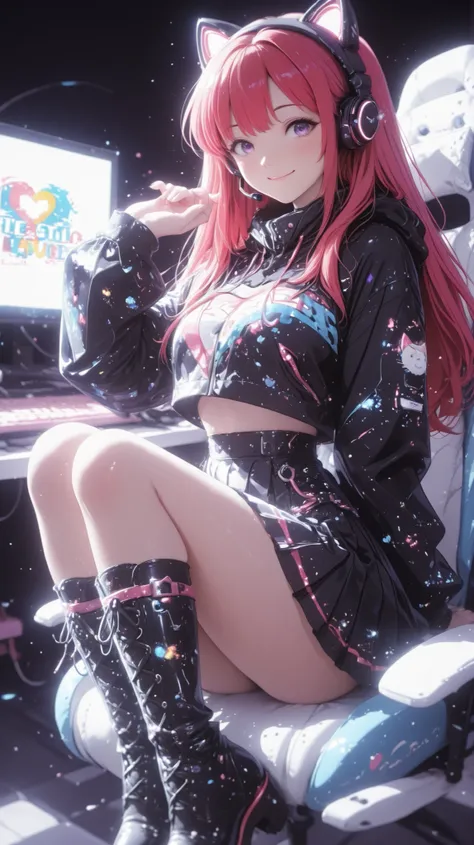 A beautiful woman, (nice curves), with long red hair with pink tips and bright purple eyes, (eyes rich in detail), (eyes detailed), wearing a futuristic black outfit with bright blue details on the sleeves. She wears cat-ear headphones and a headset micro...