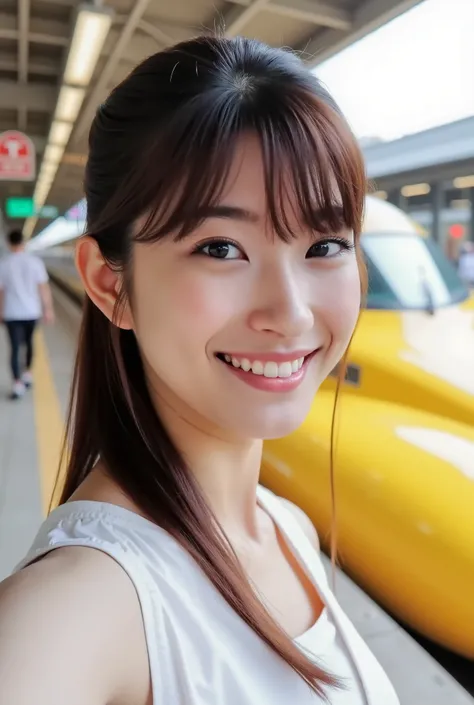Create a photo collection featuring a beautiful Japanese idol girl with fair skin. She has long straight hair styled in a ponytail with bangs. Capture her in a refreshing early summer outfit at a Shinkansen (bullet train) station platform. The girl is taki...