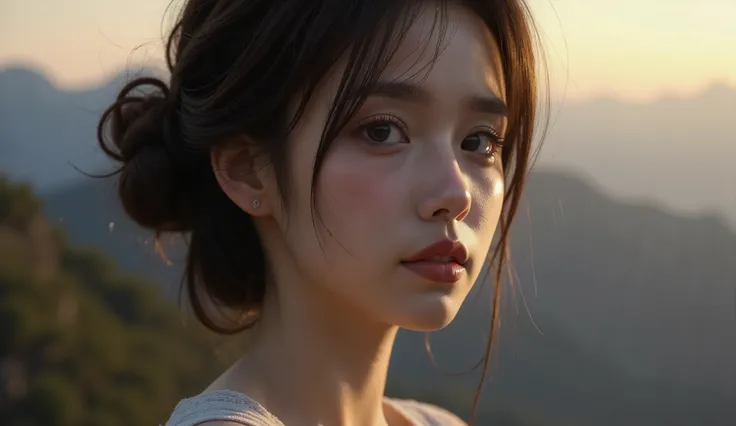 A semi-realistic painting of a young woman with a deeply emotional expression, her face taking up most of the frame. Her eyes are filled with reflection and resilience, subtly teary but calm. Wind tousles her dark hair as soft golden light brushes her skin...