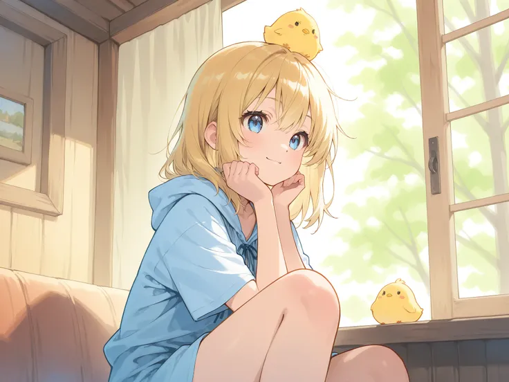 watercolor style、Light line drawing、the morning sun shines in、Nostalgic Scenery、hood memories、A house in the countryside where a pleasant breeze blows、Refreshing work、I have a chick on my head