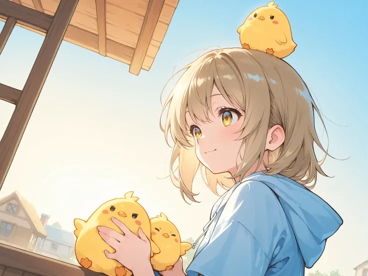 watercolor style、Light line drawing、the morning sun shines in、Nostalgic Scenery、hood memories、A house in the countryside where a pleasant breeze blows、Refreshing work、I have a chick on my head