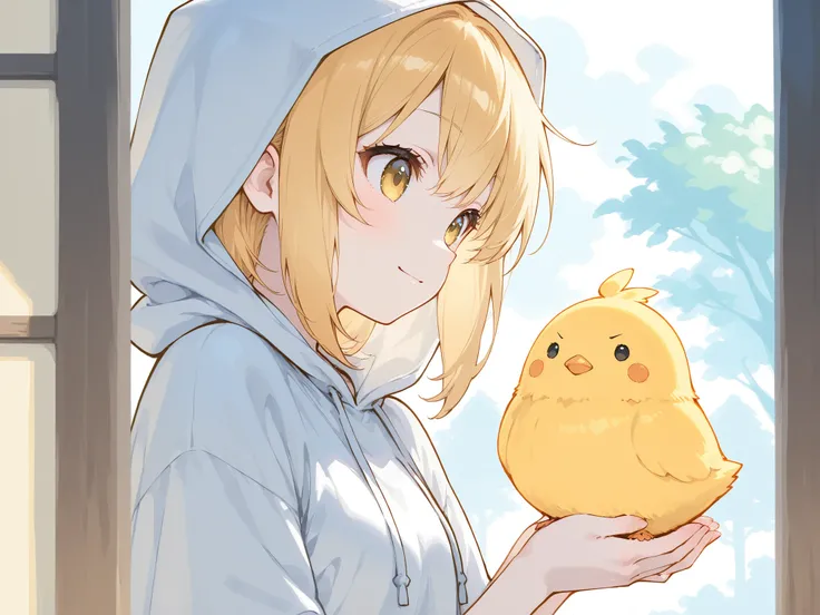 Watercolor-style pale line drawing、the morning sun shines in、Nostalgic Scenery、hood memories、A house in the countryside where a pleasant breeze blows、Refreshing work、with a chick on its head、