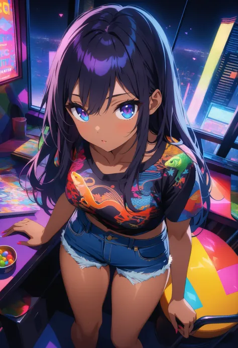 top quality , highest resolution, detailed depiction of the eyes, colorful, dark theme, one female, dark blue color eyes, dark color hair, long hair, light dark skin, denim shorts, provocative, Lizard pattern design, neon city, indoor , room, night, Overl...