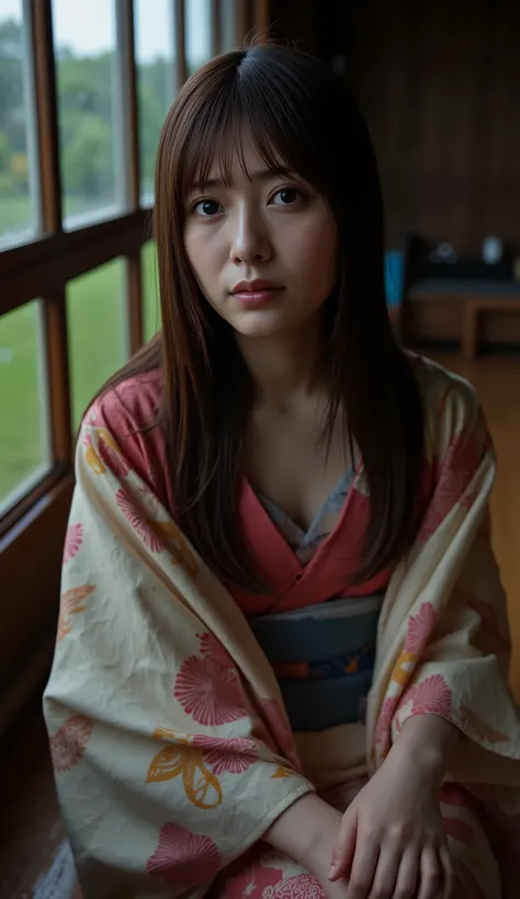 masterpiece, (nsfw:1.3), Beautiful Japanese woman sitting on traditional wooden veranda (engawa), melancholic expression, sorrowful eyes, deep sadness, portrait photography, dark stormy day, heavy rain falling outside, dim lighting, shadows, moody atmosphe...