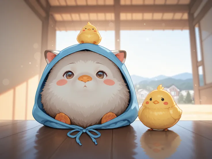 Watercolor-style pale line drawing、the morning sun shines in、Nostalgic Scenery、hood memories、A house in the countryside where a pleasant breeze blows、Refreshing work、with a chick on its head、best quality,4K,8K,high resolution,masterpiece,ultra-detailed,rea...