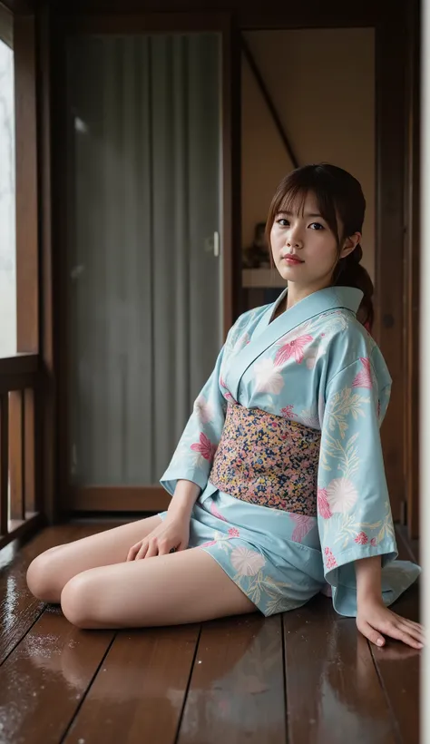 masterpiece, (nsfw:1.1), (cinematic portrait),  Beautiful Japanese woman sitting on traditional wooden veranda (engawa), melancholic expression, sad eyes, large breasts woman, portrait photography, summer rainy day, heavy rain falling outside, high humidit...
