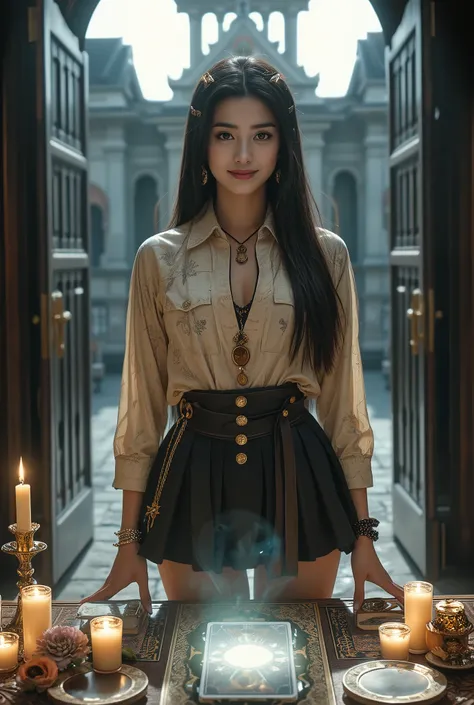 最High Quality, masterpiece, nothing, Female 1, 5, Japanese, Western-style fortune teller costume , Hair Ornament, necklace, jewelry, beautiful face above the castle gate, gentle smile, and _body, tyndall phenomenon, photorealistic, Divination Room, cand...