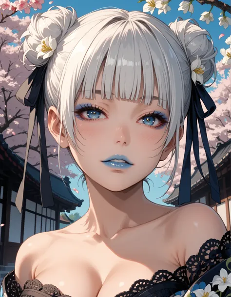 Score_9, score_8_up, score_7_up, score_6_up, source_anime, rating:general, 1girl, solo, kirari momobami, portrait (extremely detailed portrait), white hair, (Chinese flower buns), flowers in hair, blunt bangs, stunning blue eyes, pale skin (porcelain skin)...