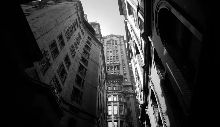 "A BLACK AND WHITE SCENE STYLE MOVIE NOIR 40's, Ultra-realistic WIDE-ANGLE LENS from a panoramic view of some buildings , anos 40, estilo noir, seen from the bottom up(( VISTO DE FORA, DYNAMIC FRAMING))