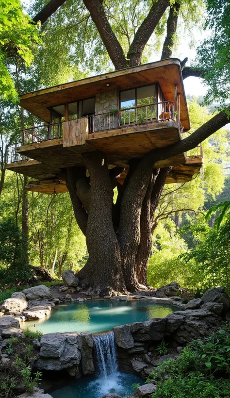 (巨木のレッドウッドの上にある巨大treehouse:2.0),(巨大で巨木treehouseと3階立て豪邸ビルの融合:2.0),(巨木のレッドウッドの上にある巨大treehouse:2.0),(treehouse:1.5),(Modern 3-storey mansion standing on a giant tree:1.5)、There is a luxurious pool、(A waterfall cascades down from natural bedrock:1.5),(巨木のレッドウッ...