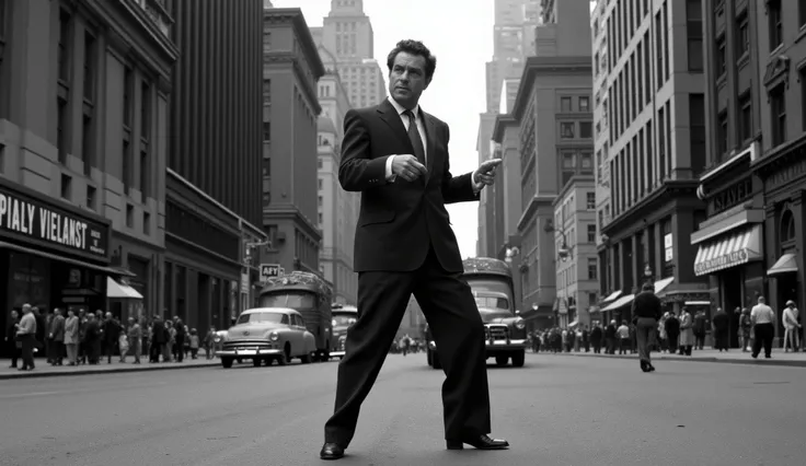"A BLACK AND WHITE SCENE STYLE MOVIE NOIR 40's, ultra-realistic in the first person of an urban street DURING THE DAY, anos 40, estilo noir, A slightly overweight MAN IN A SUIT IS DANCING in the middle of the street, in the background buildings cars and...