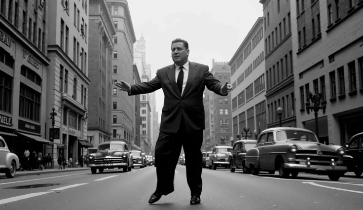 "A BLACK AND WHITE SCENE STYLE MOVIE NOIR 40's, ultra-realistic in the first person of an urban street DURING THE DAY, anos 40, estilo noir, A slightly overweight MAN IN A SUIT IS DANCING in the middle of the street, in the background buildings cars and...