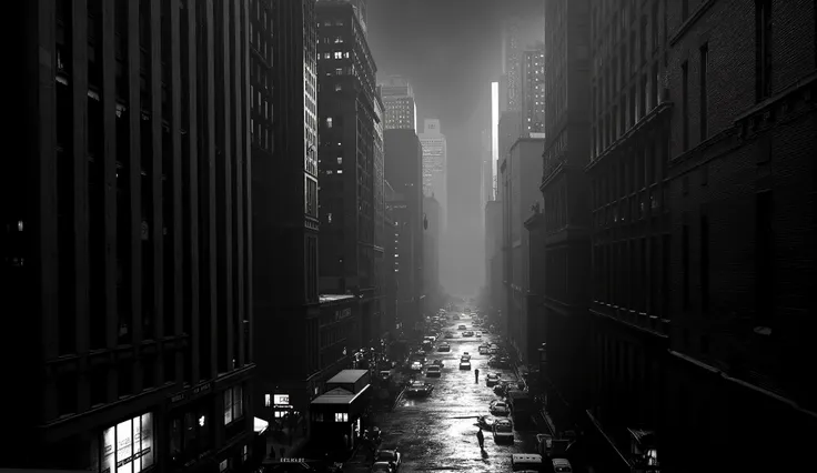 "A BLACK AND WHITE SCENE STYLE MOVIE NOIR 40's, Ultra-realistic WIDE-ANGLE LENS from a panoramic view of some 1940s CITY buildings, estilo noir