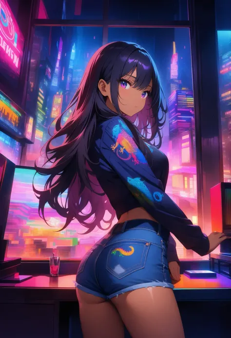 top quality , highest resolution, detailed depiction of the eyes, colorful, dark theme, one female, dark blue color eyes, dark color hair, long hair, light dark skin, denim shorts, provocative, Lizard pattern design, neon city, indoor , room, night, Overl...