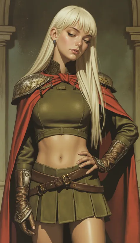 A young woman with long, platinum blonde hair and choppy bangs, crescent-shaped eyebrows, and a sharp gaze. She has a delicate oval face with a serious expression. She is wearing a fantasy-style green military uniform with a matching short skirt, a crimson...