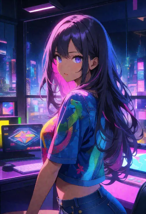 top quality , highest resolution, detailed depiction of the eyes, colorful, dark theme, one female, dark blue color eyes, dark color hair, long hair, light dark skin, denim shorts, provocative, Lizard pattern design, neon city, indoor , room, night, Overl...