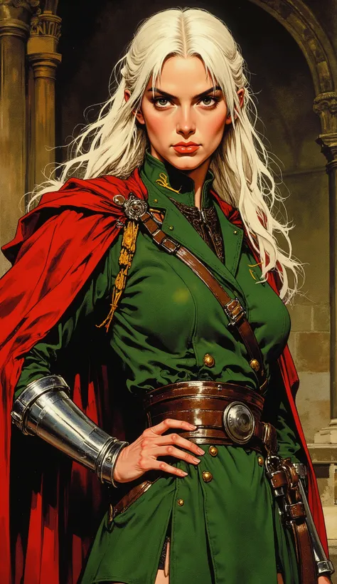 A young woman, an imperial female officer in a fantasy realm. She has long, platinum blonde hair with choppy bangs, sharp crescent eyebrows, and piercing eyes. Her delicate oval face conveys a serious and stern expression. She is wearing a meticulously det...