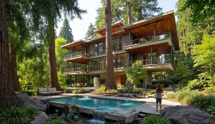 (巨大なtreehouseと豪邸ビルの融合:1.5),(巨木のレッドウッドの上にある巨大treehouse:1.5),(treehouse:1.5),(a modern 3-storey mansion with huge trees:1.5)、There's a gorgeous pool、(a waterfall cascading down from natural bedrock:1.5)、a girl is standing、(巨木のレッドウッドの上にある巨大treehouse:1.5)