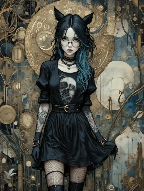 Goth girl with medium long raven black hair blue highlight's, blue eyes, glasses with her eyes peaking above the rim, tattoos, spiked choker, Gothic cros around her neck, nose ring, earrings, spiked rists band, jewelry on fingers dressed short black leathe...