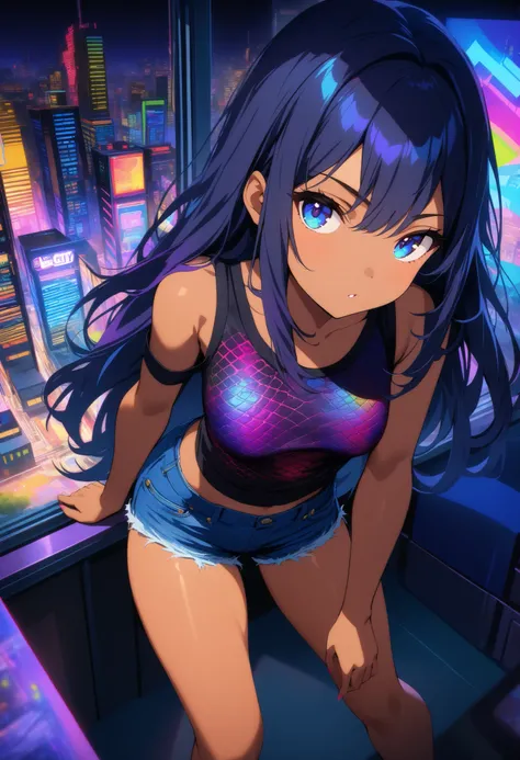 top quality , highest resolution, detailed depiction of the eyes, colorful, dark theme, one female, dark blue color eyes, dark color hair, long hair, light dark skin, denim shorts, provocative, Lizard pattern design, neon city, indoor , room, night, Overl...