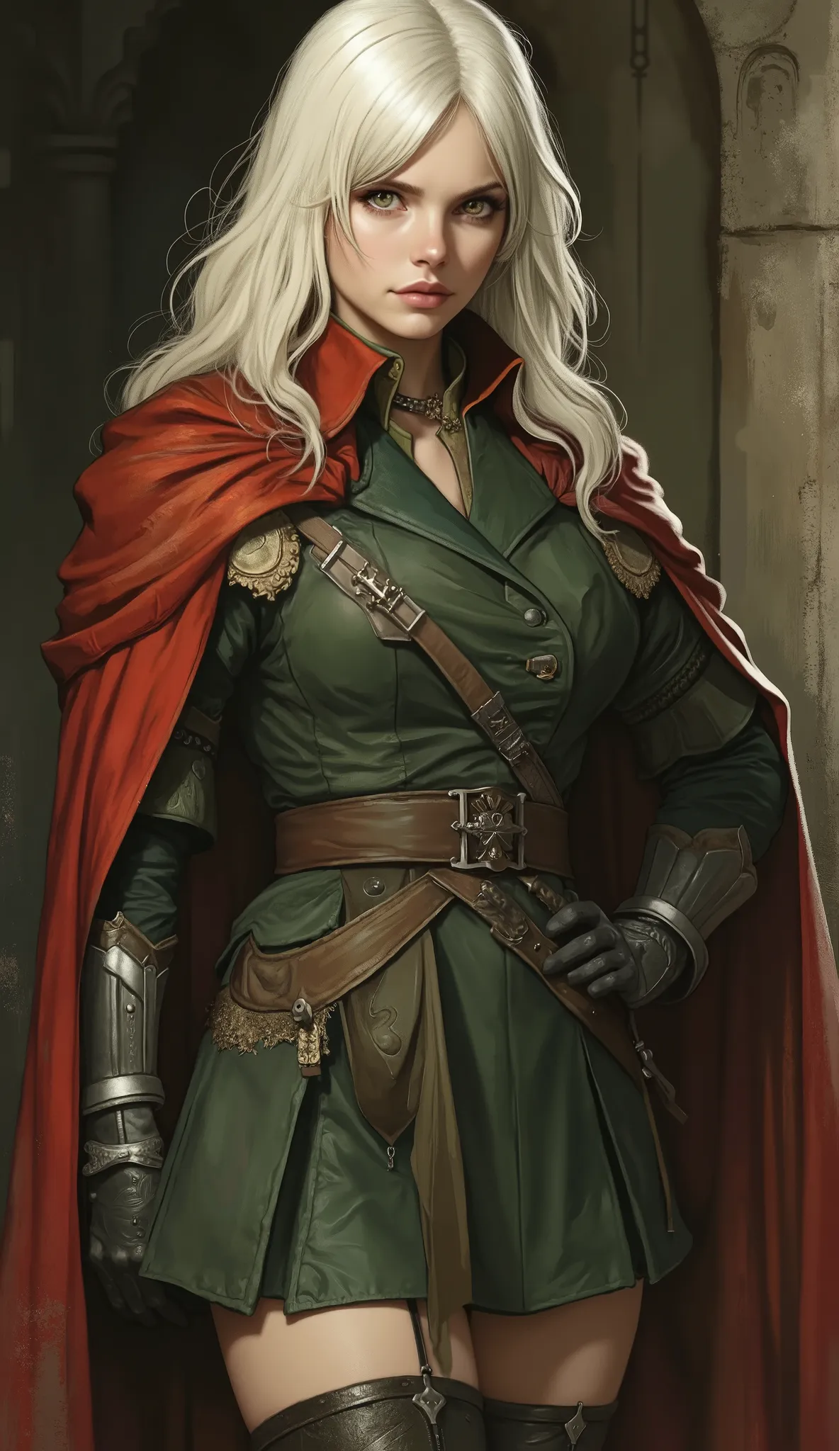 A young woman, an imperial female officer in a fantasy realm. She has long, platinum blonde hair with choppy bangs, sharp crescent eyebrows, and piercing eyes. Her delicate oval face conveys a serious and stern expression. She is wearing a meticulously det...