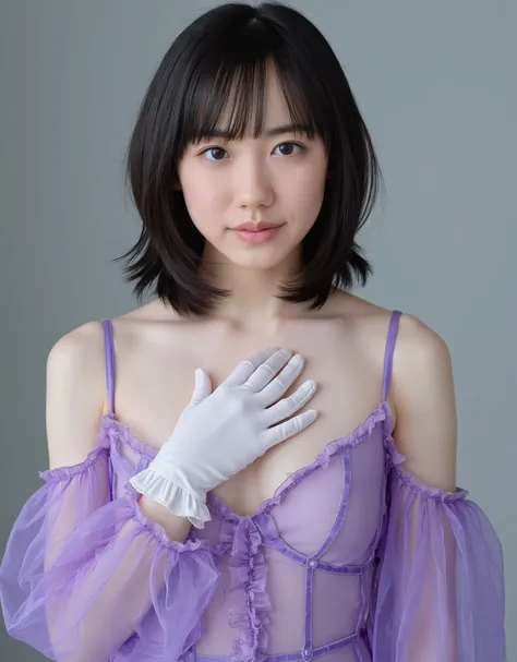 young woman, Mana-chan. she wears an off-the-shoulder purple sheer dress, deep v-neck, It has raffle trimmings, wearing white sheer gloves with delicate frills. adds an elegant and sophisticated vibe, semi-long hair, bungs. her skin is white as snow, revea...