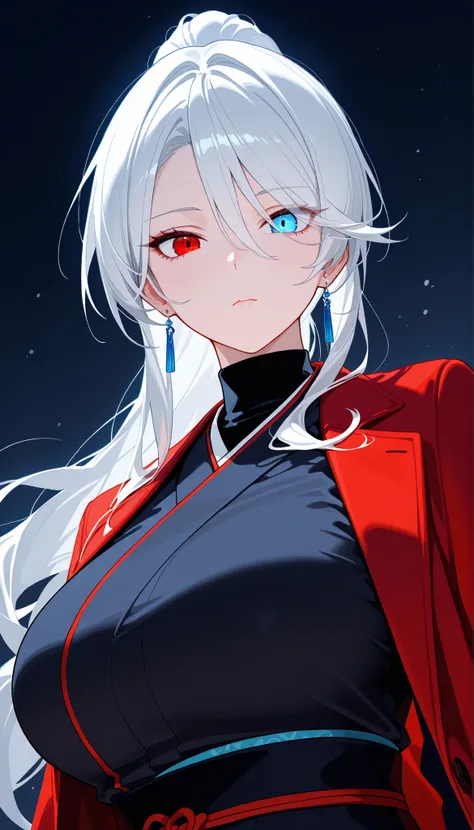 best quality, masterpiece, absurdres, 1girl, solo, heterochromia, red_eye, blue_eye, white_hair, long_sleeves, large_breasts, tall, mature_female, long_hair, red_coat, open_coat, black_kimono, hair_over_one_eye, tsurime, turtleneck, formal_clothes, Japanes...