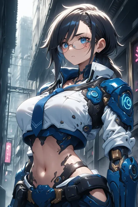 blue eyes、(dark haired、glasses) 、((school uniform、cyberpunk style、Armor、extremely large breasts))、Anime Style、High Definition、high quality、1girl、Sexy、NSFW、cowboy shot
