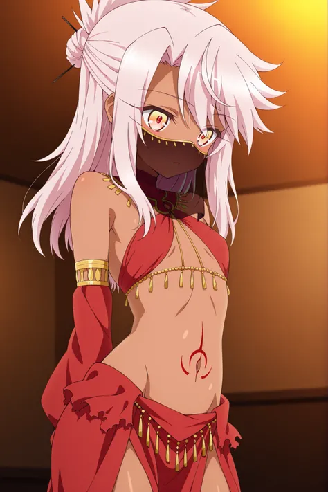 masterpiece, best quality, amazing quality, absurdres, highres,(anime screencap:1.4),solo, 1girl,chloe von einzbern,dark skin, pink hair,orange eyes, medium hair,harem outfits,mouth veil,garment,detailed background,indoor