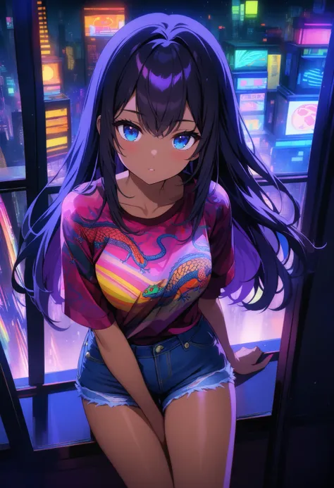 top quality , highest resolution, detailed depiction of the eyes, colorful, dark theme, one female, dark blue color eyes, dark color hair, long hair, light dark skin, denim shorts, provocative, Lizard pattern design, neon city, indoor , room, night, Overl...
