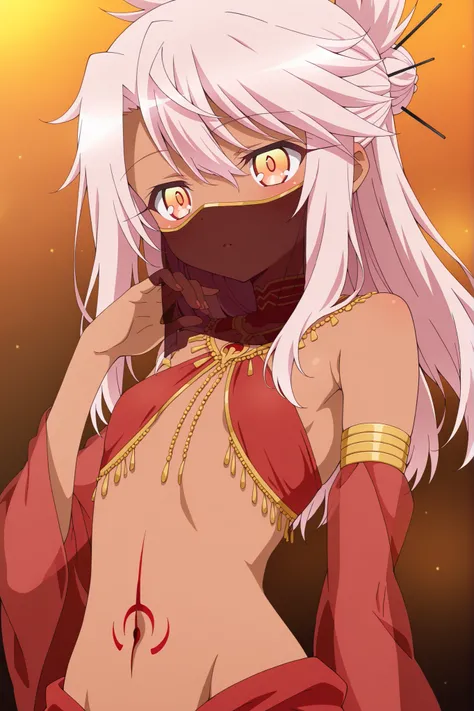 masterpiece, best quality, amazing quality, absurdres, highres,(anime screencap:1.4),solo, 1girl,chloe von einzbern,dark skin, pink hair,orange eyes, medium hair,harem outfits,mouth veil,garment,jewelry,detailed background,indoor