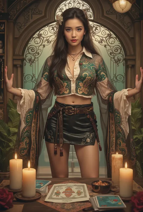 最High Quality, masterpiece, nothing, Female 1, 5, Japanese, Western-style fortune teller costume , Hair Ornament, necklace, jewelry, beautiful face above the castle gate, gentle smile, and _body, tyndall phenomenon, photorealistic, Divination Room, cand...