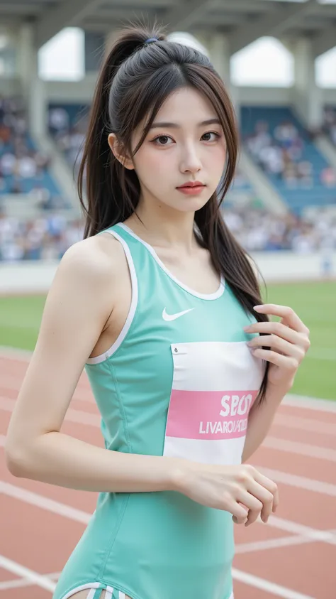 ((masterpiece, top quality, best image quality, high resolution, photorealistic, RAW pictures, Highly Detailed CG Integrated 8K Wallpaper)),
Two young Asian women, Mid 20s, track at a track and field competition venue, Cross-Country Player, Centrally loca...