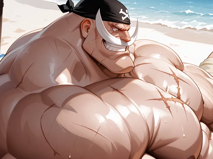 solo, huge muscular old man,(shirohige, black bandana, shirohige mustache, shirohige eyes, beardless:1.3, scar on chest),  grin, ((shirtless, topless)), shorts, sunbathing, beach, big pec, very huge pectoral, side view, pec focus, happy, bald, very huge pe...