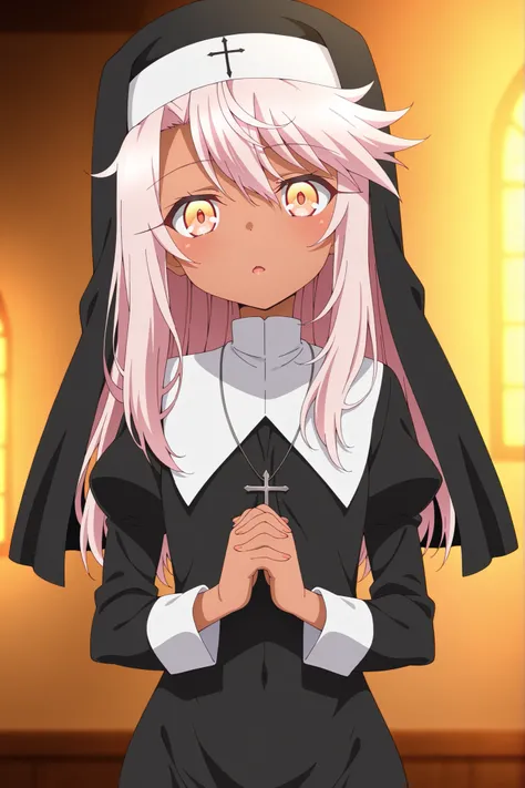 masterpiece, best quality, amazing quality, absurdres, highres,(anime screencap:1.4),solo, 1girl,chloe von einzbern,dark skin, pink hair,orange eyes, medium hair,nun,