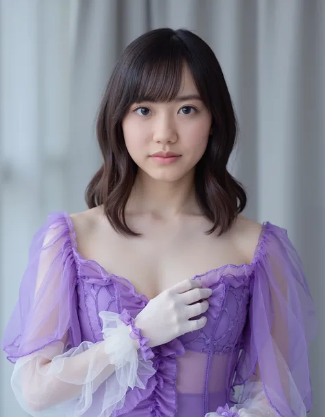 young woman, Mana-chan. she wears an off-the-shoulder purple sheer dress, deep v-neck, It has raffle trimmings, wearing white sheer gloves with delicate frills. adds an elegant and sophisticated vibe, semi-long hair, bungs. her skin is white as snow, revea...