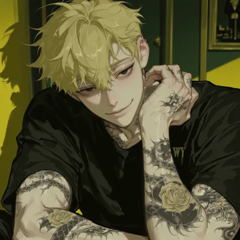 male,gloomy mood,pale yellow hair,black eye,high quality,top quality,masterpiece,black sweatshirt,handsome,wry smile,hair,beckon,seductive smile,tattoos down arms