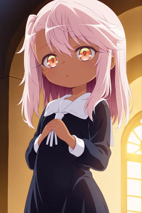 masterpiece, best quality, amazing quality, absurdres, highres,(anime screencap:1.4),solo, 1girl,chloe von einzbern,dark skin, pink hair,orange eyes, medium hair,(elementary school age:1.6),nun,church