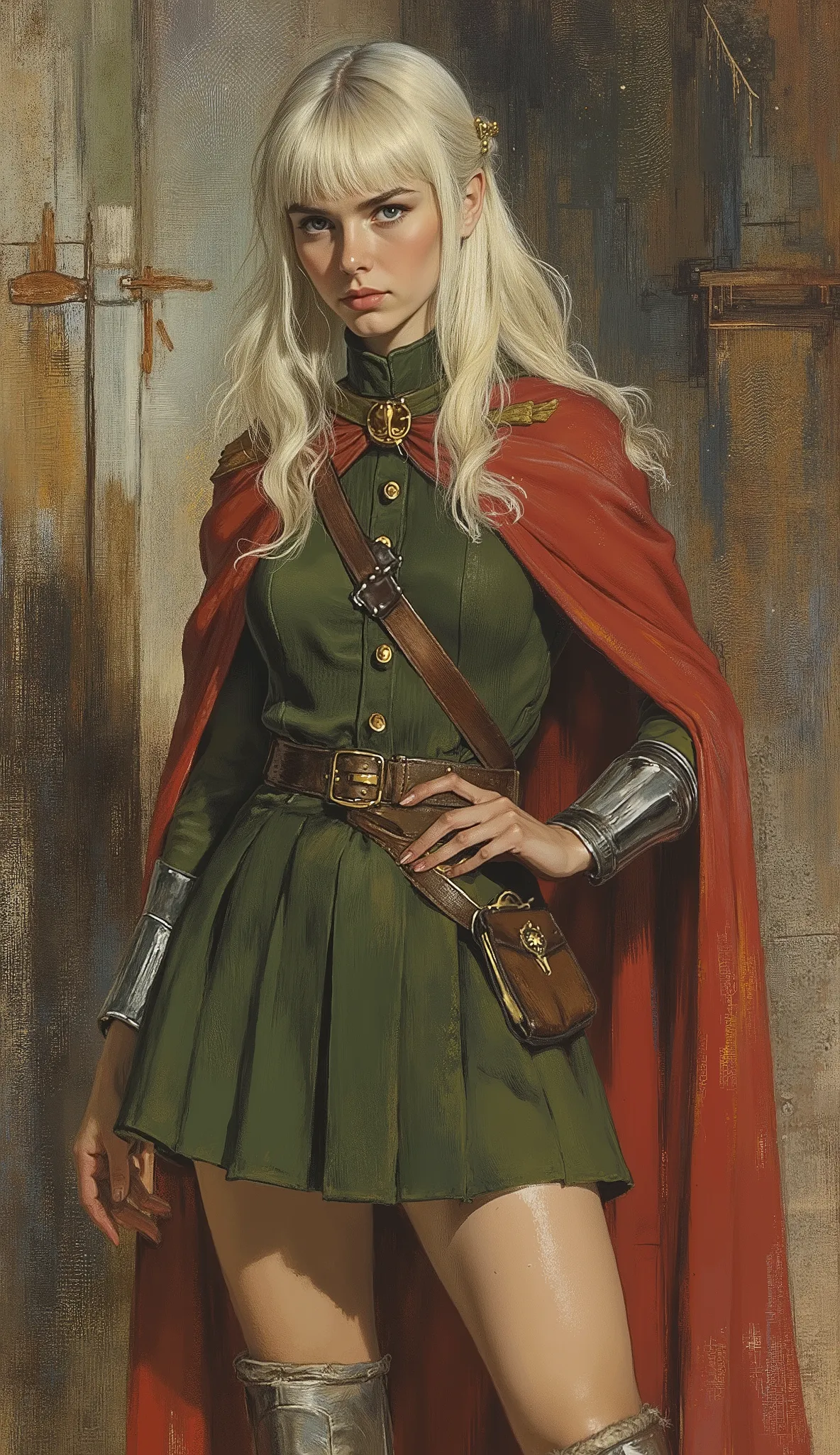 A young woman with platinum blonde long hair and choppy bangs, crescent eyebrows, sharp eyes, a delicate oval face with a serious expression. She is wearing a fantasy-style green military uniform with a matching skirt, a crimson waist-length cloak, and lea...