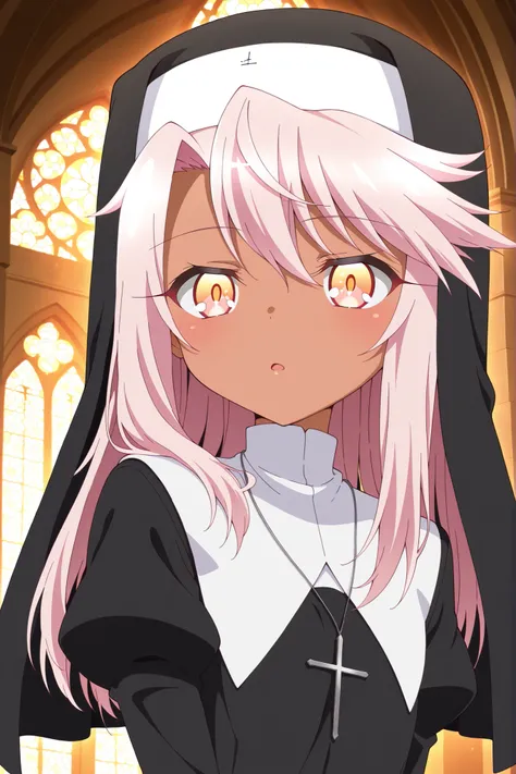 masterpiece, best quality, amazing quality, absurdres, highres,(anime screencap:1.4),solo, 1girl,chloe von einzbern,dark skin, pink hair,orange eyes, medium hair,nun,church,indoor