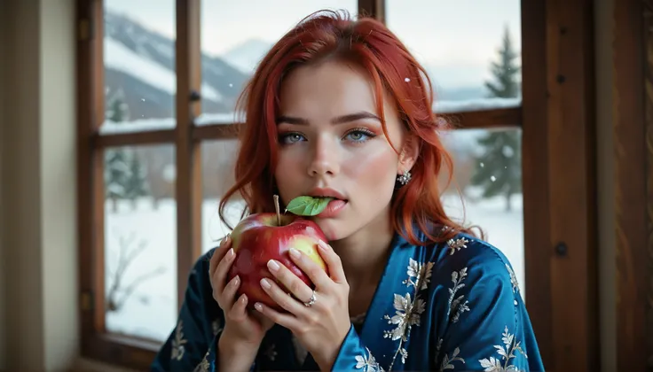 (((Super Close on a woman's face, totally facing the observer))), she is a beautiful red-haired WOMAN who is eating an apple with her right hand, Very close to the observer, An 18-year-old young woman, She is dressed in her dark blue silk robe with white p...