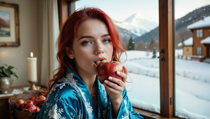 (((Super Close on a woman's face, totally facing the observer))), she is a beautiful red-haired WOMAN who is eating an apple with her right hand, Very close to the observer, An 18-year-old young woman, She is dressed in her dark blue silk robe with white p...