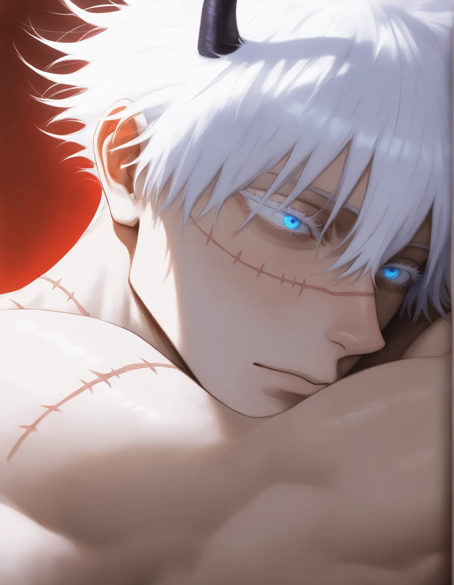horns, scales,1man, adult, male focus, gojou satoru, jujutsu kaisen, white hair, short hair, ((hair between eyes)), colored eyelashes, white eyelashes, blue eyes, intricate eye iris, detailed eyes, muscular male, sexy man, handsome man, handsome face,
huge...